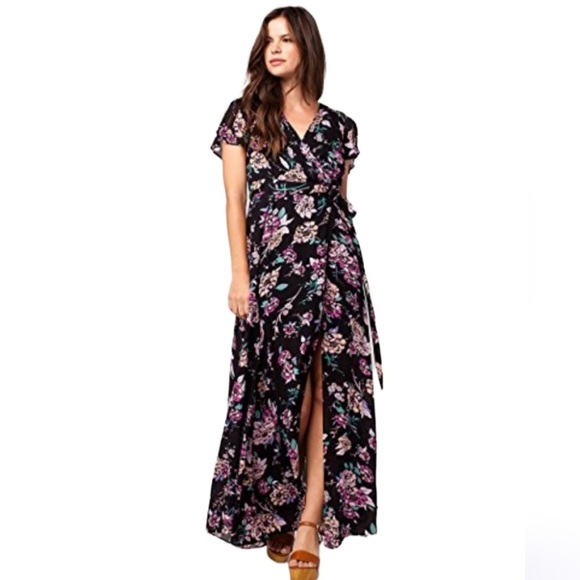 Patrons of Peace Women Maxi Dress Small Black Dark Moody Floral Wrap Tie Waist - Picture 1 of 12